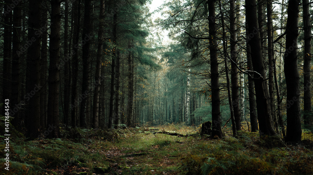 Naklejka premium A serene, lush forest filled with vibrant greenery and soft light, Enchanted Emerald Forest Path with Misty Sunbeams Shining 