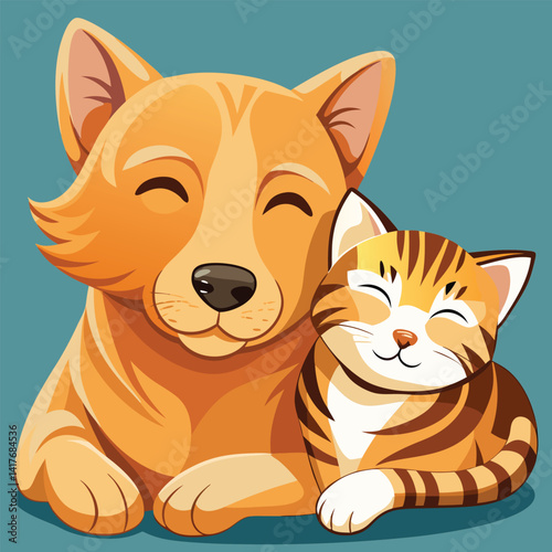 A sleepy orange tabby kitten snuggles against the head of a golden retriever puppy, both with their eyes closed.