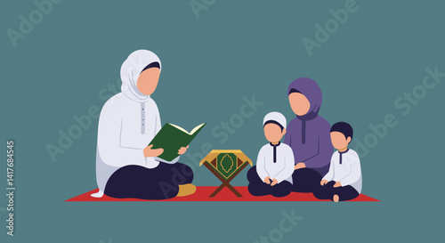 Modest Muslim Family Reading Quran Together Indoors On Red Mat In Blue Background