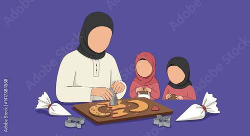 Mother And Two Young Children Baking Cookies Together On A Wooden Surface Against A Purple Background