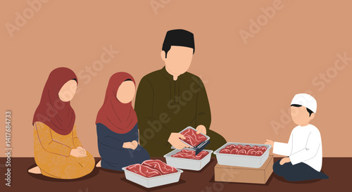 Muslim Family Gathering Around Prepared Food for Holiday Celebration in Home