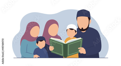 Muslim Family Reading A Holy Book Together Vector Illustration With Blue And Purple Tones And White Background