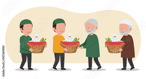 People Giving Charity Baskets To Elderly Men With Pixelated Style Illustration