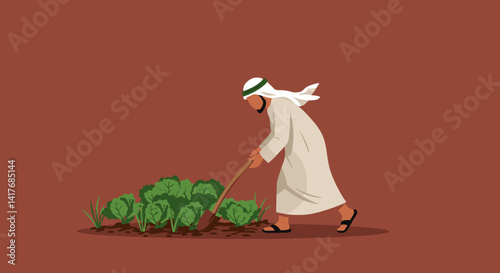 Pixelated Arabian Man in White Gown and Headwear Gardening Vegetables with Shovel in Brown Soil Landscape