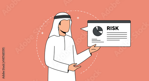 Pixelated Arabian Man in White Traditional Clothing Presenting a Risk Analysis Chart on Peach Background