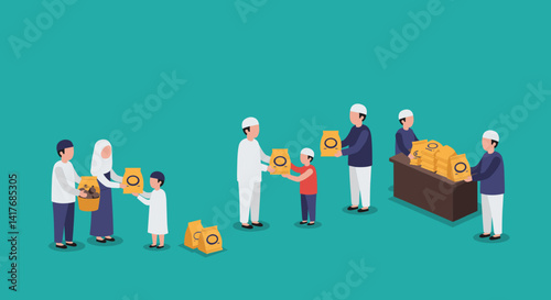 Pixelated Illustration of People Giving Donations in Front of Teal Background