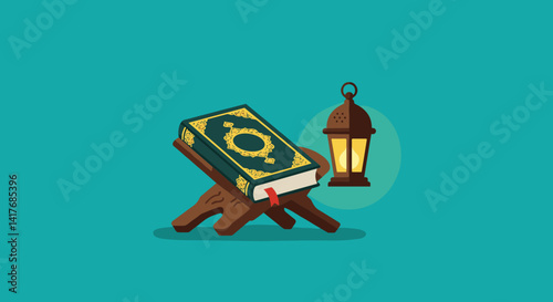 Pixelated Illustration of Quran on Wooden Stand Beside Lit Lantern on Teal Background