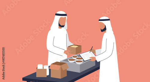Two Arab Men In White Traditional Clothing Interacting Over Food Boxes At A Table With Coral Background