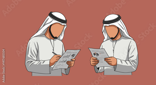 Two Arab Men in White Traditional Attire Reviewing Documents on Brown Background in Flat Illustration Style
