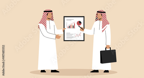 Two Arab Men in White Traditional Garb Presenting Financial Data on a Chart during a Business Meeting