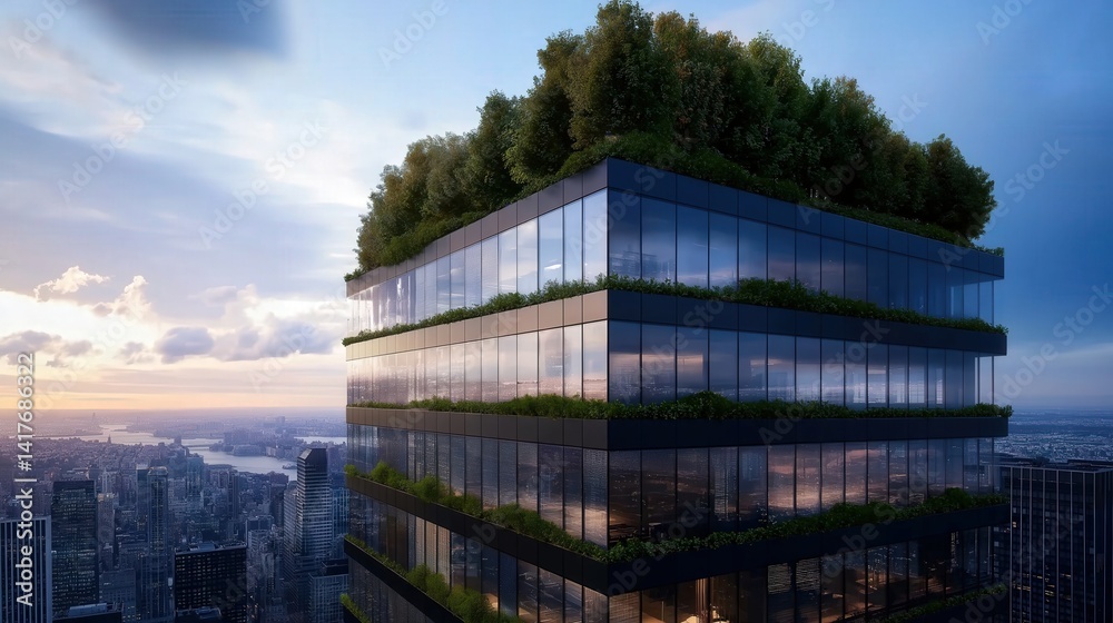 A modern skyscraper features lush greenery on top, showcasing innovative architecture amidst a stunning urban skyline at sunset. A modern skyscraper features lush greenery on top, showcasing innovative architecture amidst a stunning urban skyline at sunset.