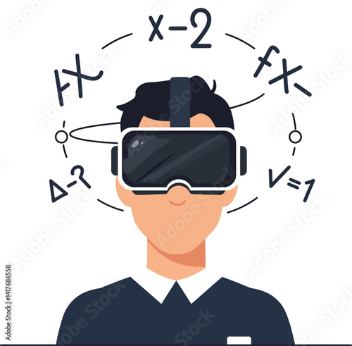 Young man wearing virtual reality headset exploring math formulas in flat style vector illustration