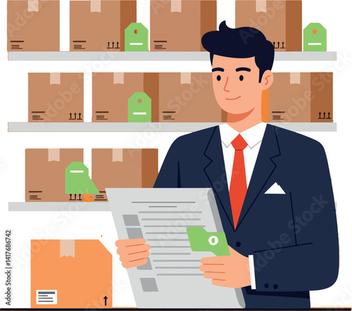 Businessman in suit checking inventory papers with cardboard boxes in flat style vector illustration