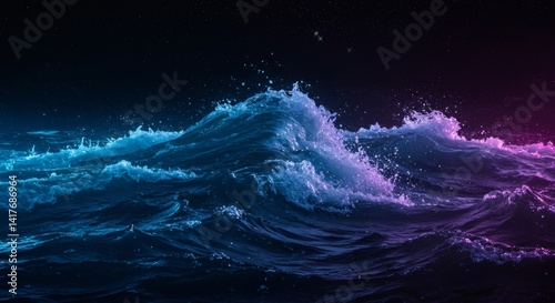 Fototapeta Naklejka Na Ścianę i Meble -  Ocean Wave Crashing at Night with Dark Starry Sky Background
