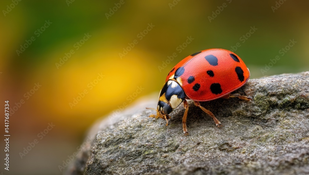 Ladybug climbs a stone on green, yellow foliage background for nature illustration