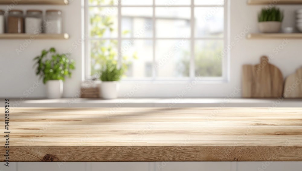Empty light wooden kitchen countertop, sunny window view, blurred background Empty light wooden kitchen countertop, sunny window view, blurred background