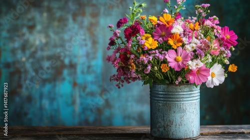 Vibrant Bouquet of Colorful Wildflowers in Rustic Can on Wooden Surface with Textured Blue Background