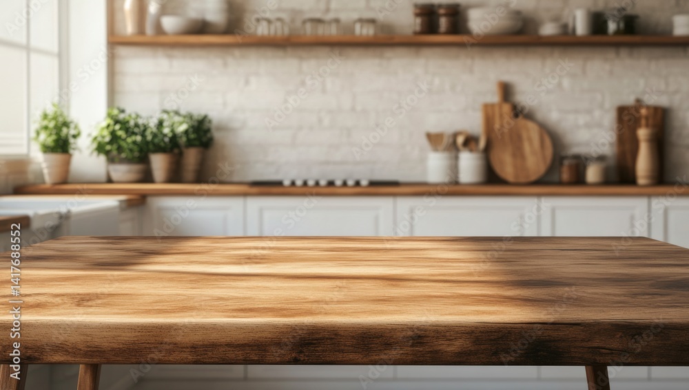 Empty wooden table in a bright kitchen, blurred background, product display Empty wooden table in a bright kitchen, blurred background, product display