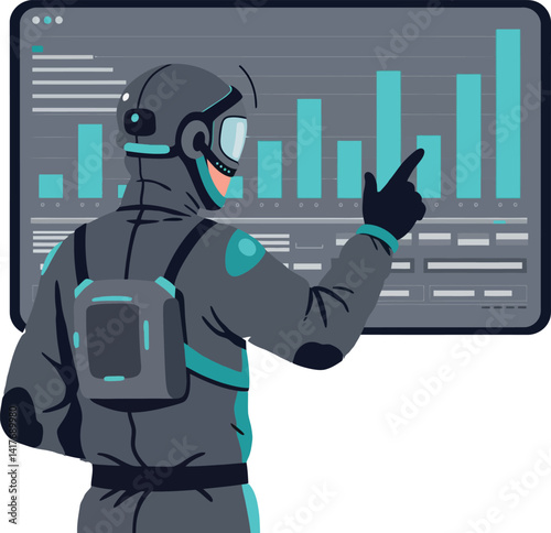 Futuristic man in helmet analyzing digital data charts in minimal flat style vector illustration