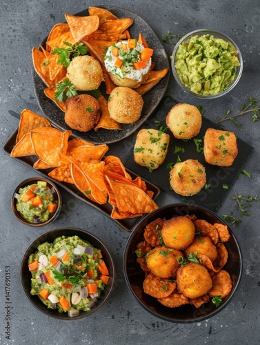 Delicious assortment of mini croquettes, cheese balls, veggie canapés, sweet potato chips, and guacamole dip at a festive gathering