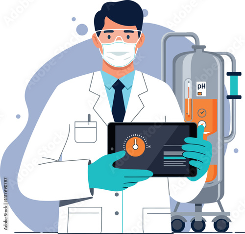 Male scientist in white lab coat with protective gloves and mask holding digital tablet in modern lab flat vector illustration