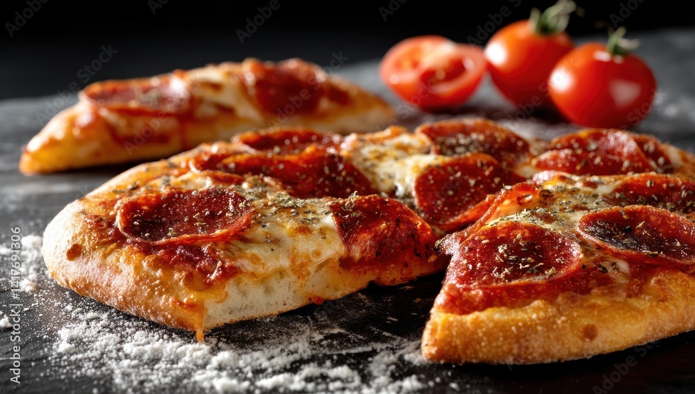 Pizza pepperoni with tomato slices placed on a floured table for a food blog Pizza pepperoni with tomato slices placed on a floured table for a food blog