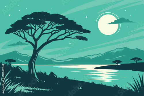 60 Serene night landscape, moonlit lake, lone acacia tree, distant mountain, calm waters, reflective moonlight, stylized illustration, vibrant colors, teal sky, wispy clouds, peaceful atmosphere, mini