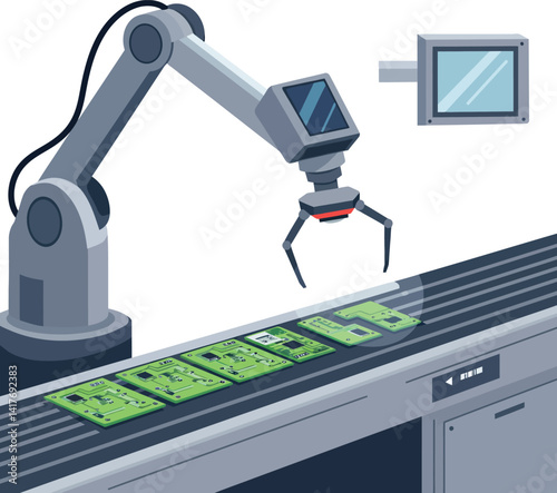 Industrial robotic arm assembling green circuit boards on conveyor belt in detailed vector illustration