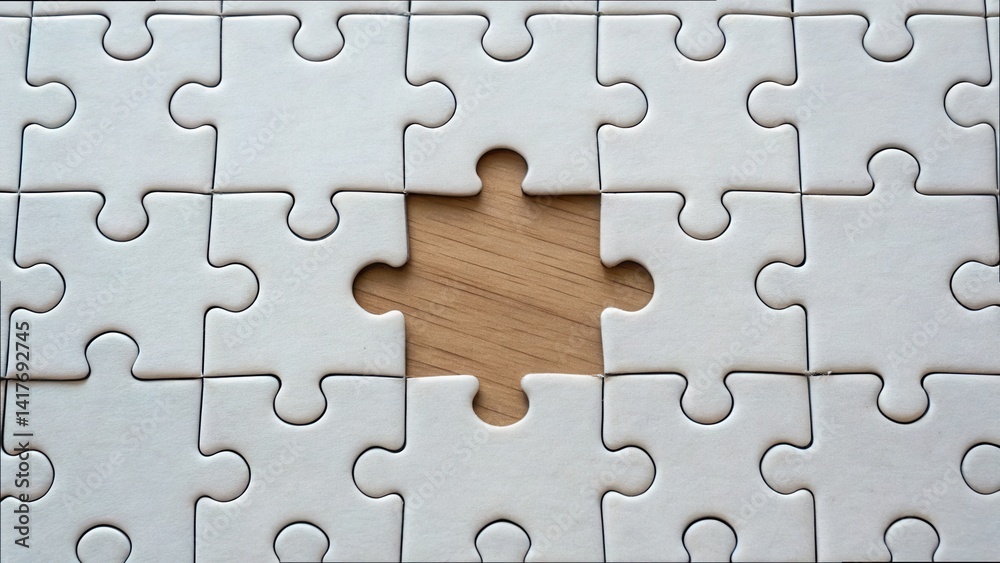 Close-up of Missing Piece in White Puzzle on Wooden Surface Close-up of Missing Piece in White Puzzle on Wooden Surface