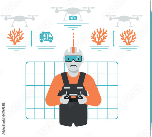 Male drone operator with helmet and goggles controlling drones in minimal flat style vector illustration