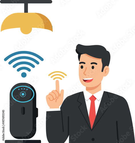 Businessman using voice control for smart home device with modern flat design vector illustration