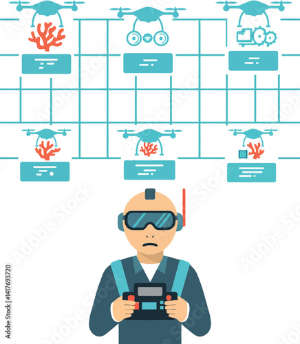 Man operating underwater drones with virtual reality headset flat design technology vector illustration