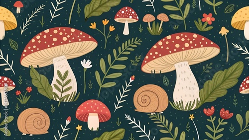 "Seamless mushroom forest pattern with whimsical mushrooms, moss, and snails"
