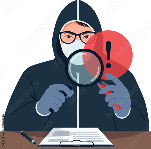Person in protective suit examining documents with magnifying glass and alert symbol flat vector illustration