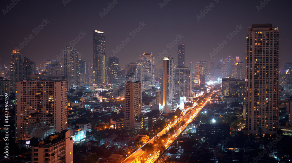 Obraz premium Dubai skyline at night, urban skyscrapers and car traffic background.
