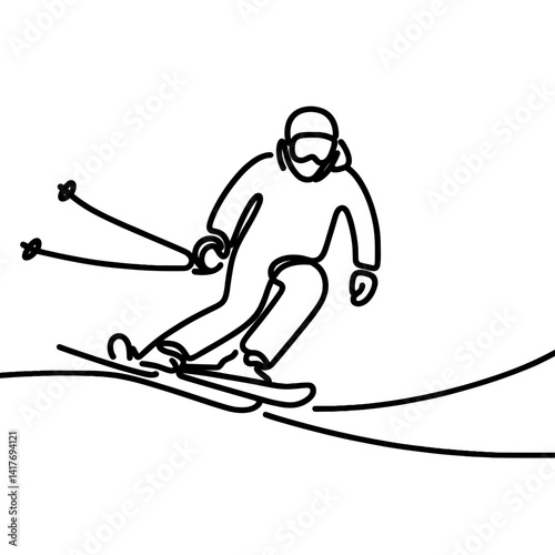 Skiing silhouette performing a dynamic turn on snowy slope  