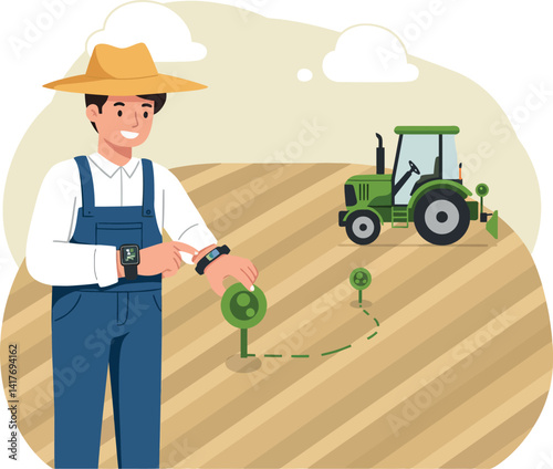 Farmer in straw hat with smartwatch controlling green tractor on plowed field flat vector illustration