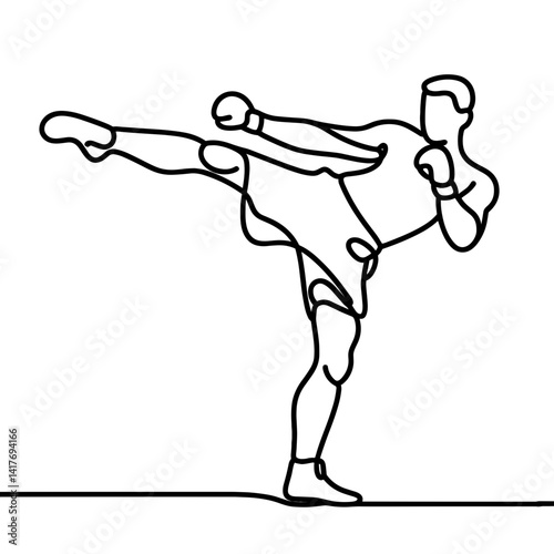 Line drawing of a kickboxer performing a high kick  
