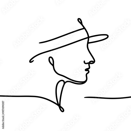 Continuous line drawing of a person wearing a hat  