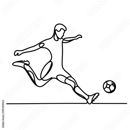 Line drawing of a soccer player kicking a ball  