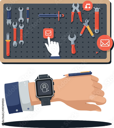 Hand wearing smartwatch with pencil and digital tools on pegboard flat design vector illustration