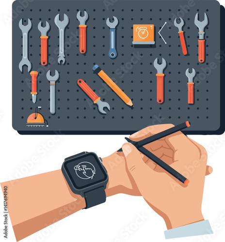 Human hands adjusting smartwatch with toolset wall organized with wrenches and screwdriver flat vector illustration