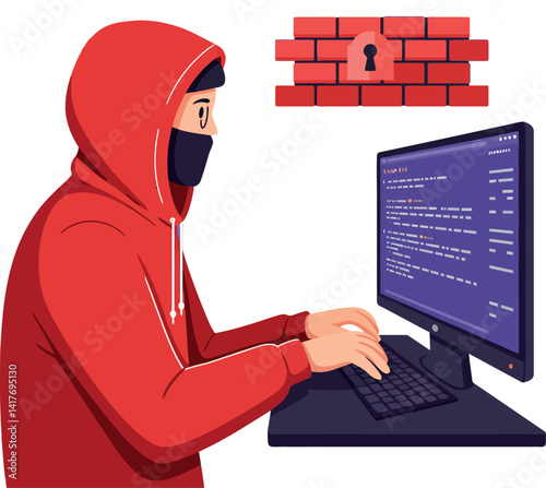 Hacker in red hoodie wearing mask working on computer with firewall brick wall symbol flat vector illustration