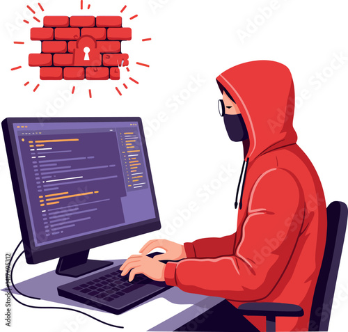 Hacker in red hoodie coding on desktop computer with firewall brick wall icon flat digital vector illustration