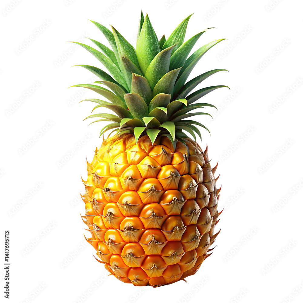 Fototapeta premium Photorealistic pineapple, vibrant yellow and orange fruit, spiky green leaves, tropical fruit, detailed texture, white background, studio lighting, high resolution, sharp focus, food photography