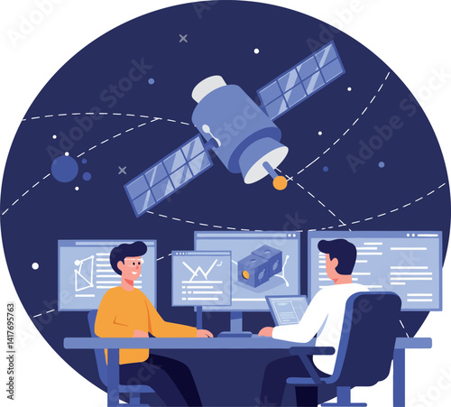 Two male engineers analyzing satellite data with multiple screens in modern flat design vector illustration