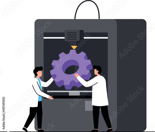Two male engineers operating large 3D printer producing purple gear in flat modern vector illustration