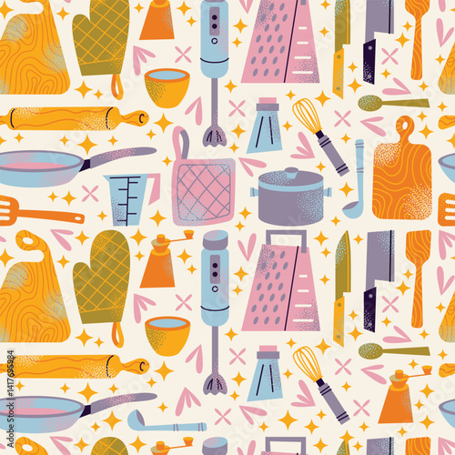 Various kitchen utensils seamless pattern cutting boards, gloves, blender, knife, rolling pin, frying pan, salt shaker, cup, and measuring cup. Flat vector illustration. Cooking tools and kitchen