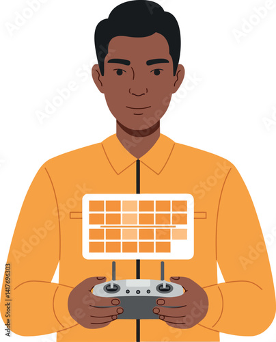Young man controlling drone with remote controller flat design technology vector illustration