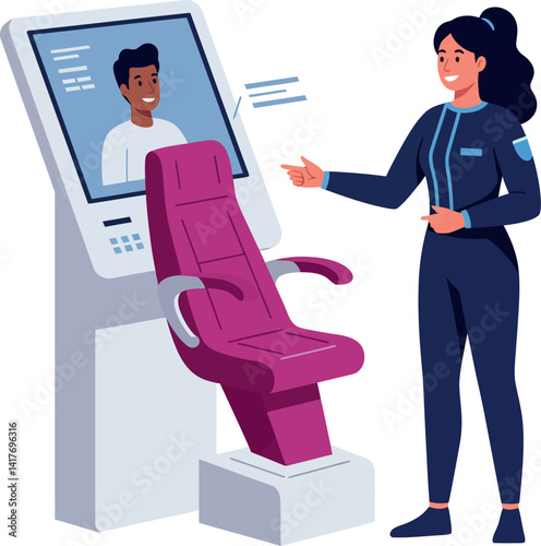 Female astronaut interacting with virtual screen display in futuristic space station flat design vector illustration